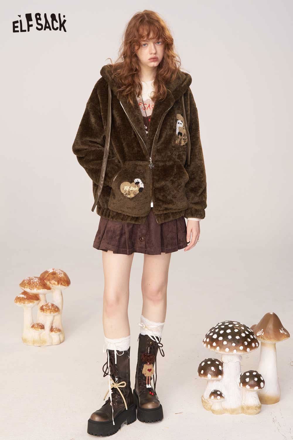 ELFSACK plush hooded puffer jacket for women in brown with cute patch details and a cozy design