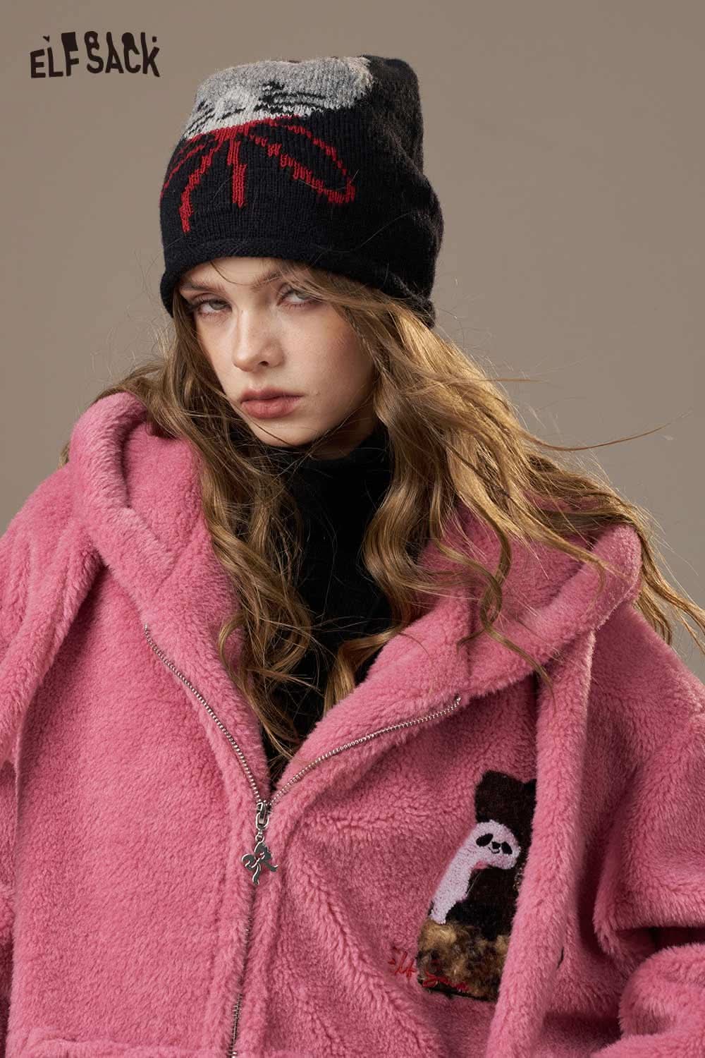 ELFSACK plush hooded puffer jacket for women in pink with panda embroidery and hoodie style