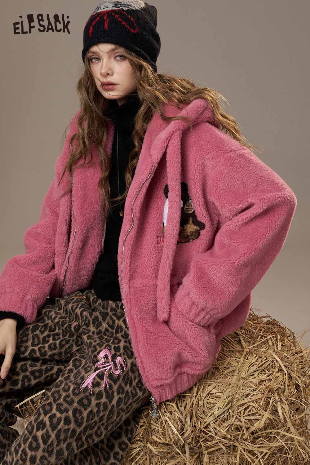 ELFSACK plush hooded puffer jacket for women in pink with bear design and cozy fleece material