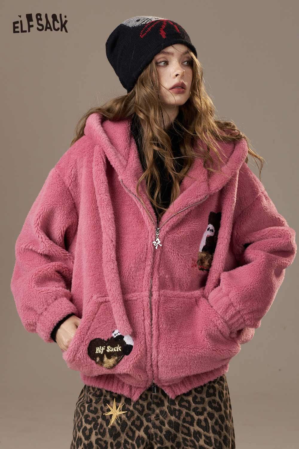 ELFSACK plush hooded puffer jacket for women in pink with cozy design and animal patch details