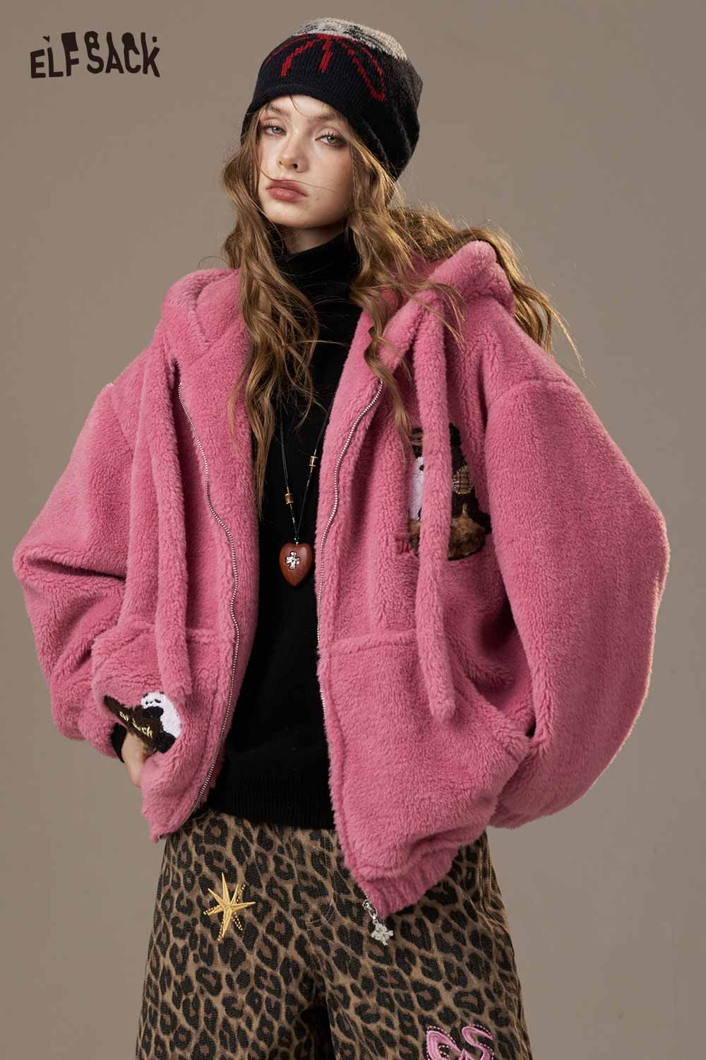ELFSACK plush hooded puffer jacket for women in pink with oversized fit and cozy design