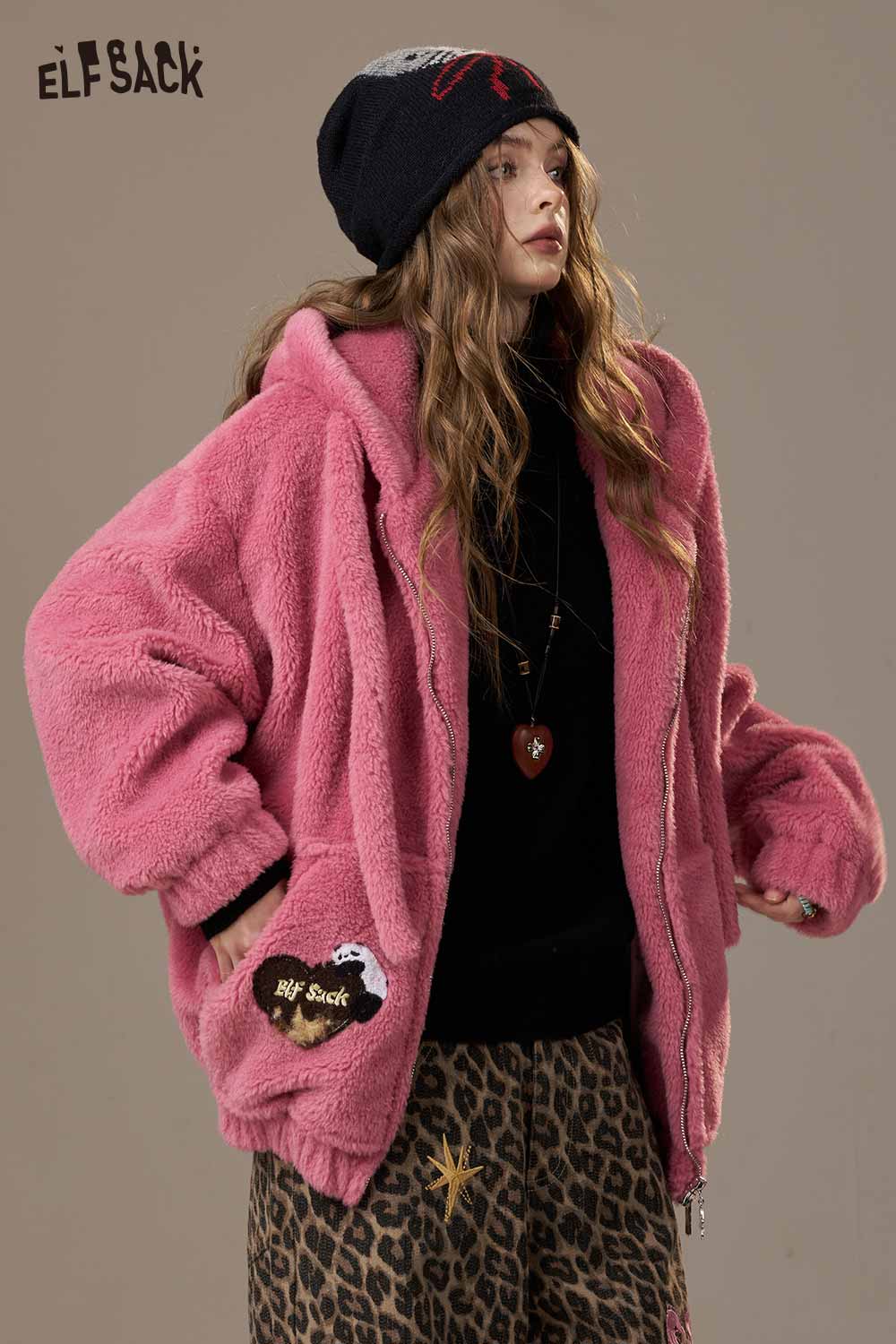 ELFSACK pink plush hooded puffer jacket for women with cozy fleece and front zipper closure