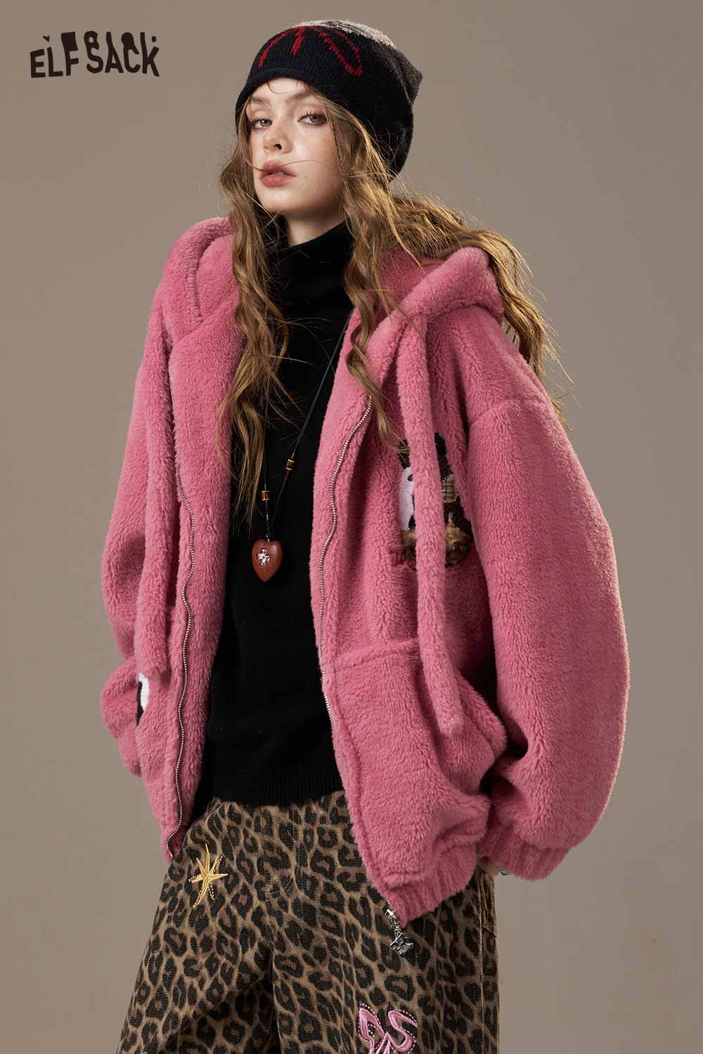 ELFSACK pink plush hooded puffer jacket for women with oversized fit and playful design