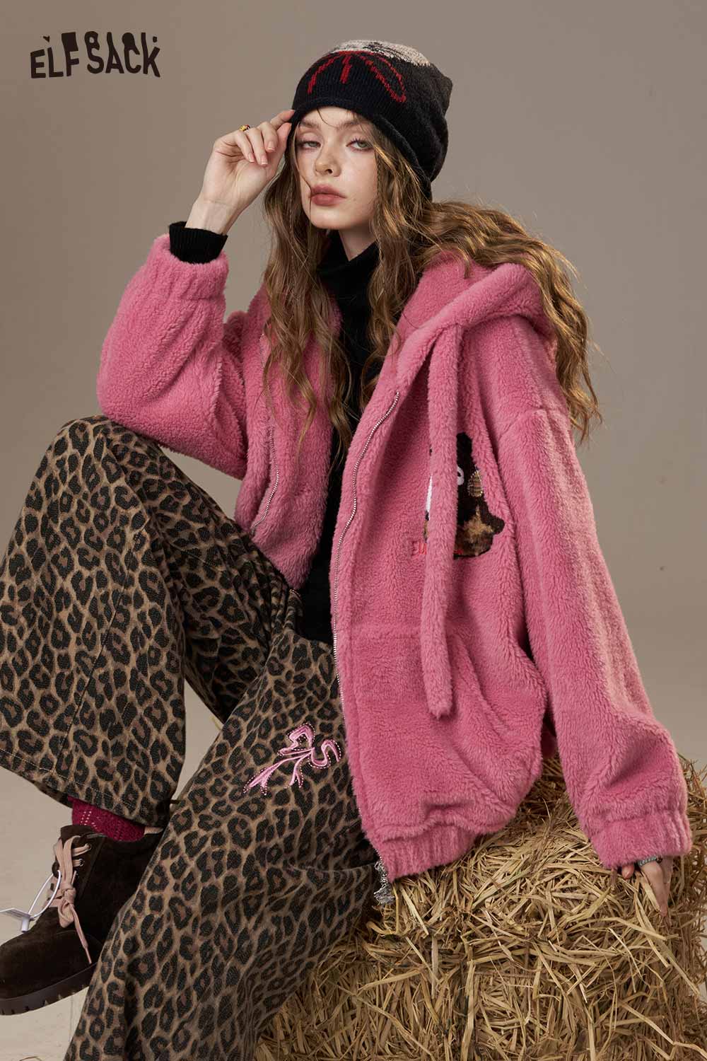 ELFSACK plush hooded puffer jacket for women in pink with cozy texture and fun design, perfect for stylish winter wear