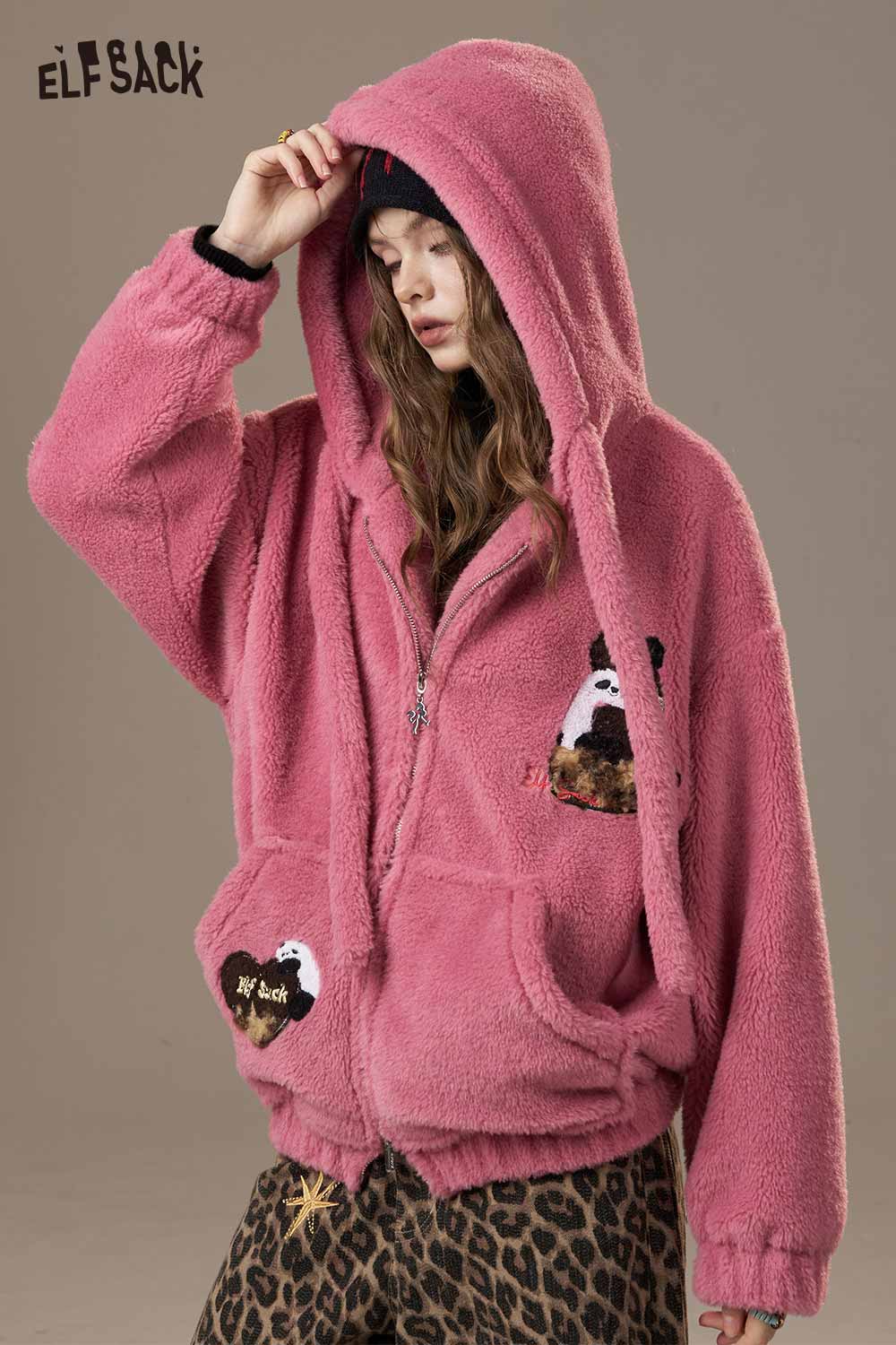 ELFSACK plush hooded puffer jacket for women in pink with cute pocket designs and a cozy fit