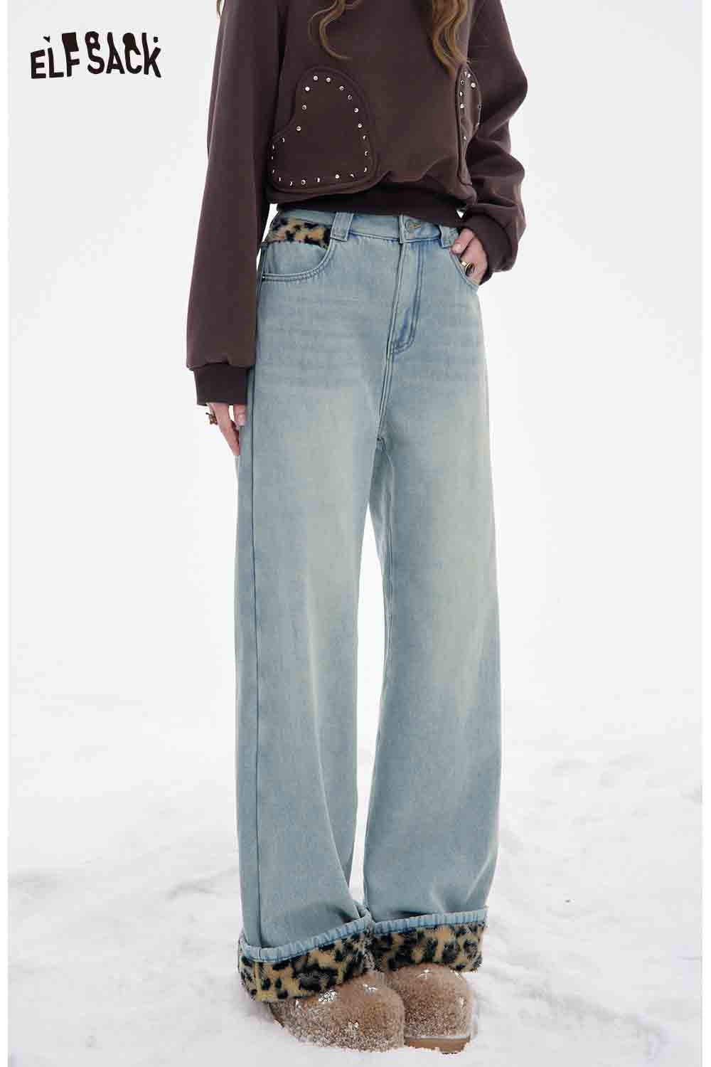 ELFSACK plush leopard lining floor length pants in light blue, offering a stylish and unique look for casual wear