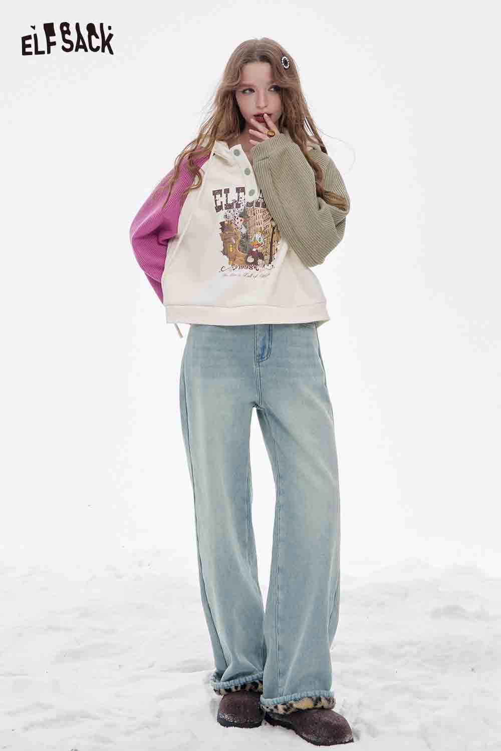 ELFSACK plush leopard lining floor length pants in light blue with a relaxed fit for casual style