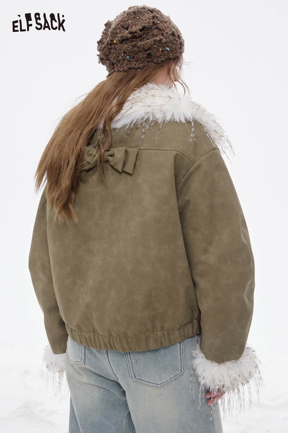 ELFSACK plush lining toggle button coat in olive green with faux fur trim and a bow detail