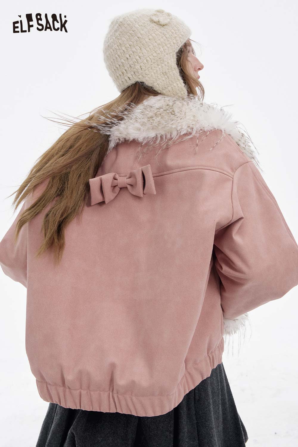 ELFSACK plush lining toggle button coat in pink with a fur collar and bow detail on the back