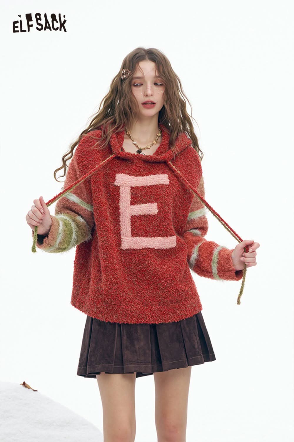 Stylish ELFSACK plush ombre hooded sweater for women in vibrant red and green with a playful design