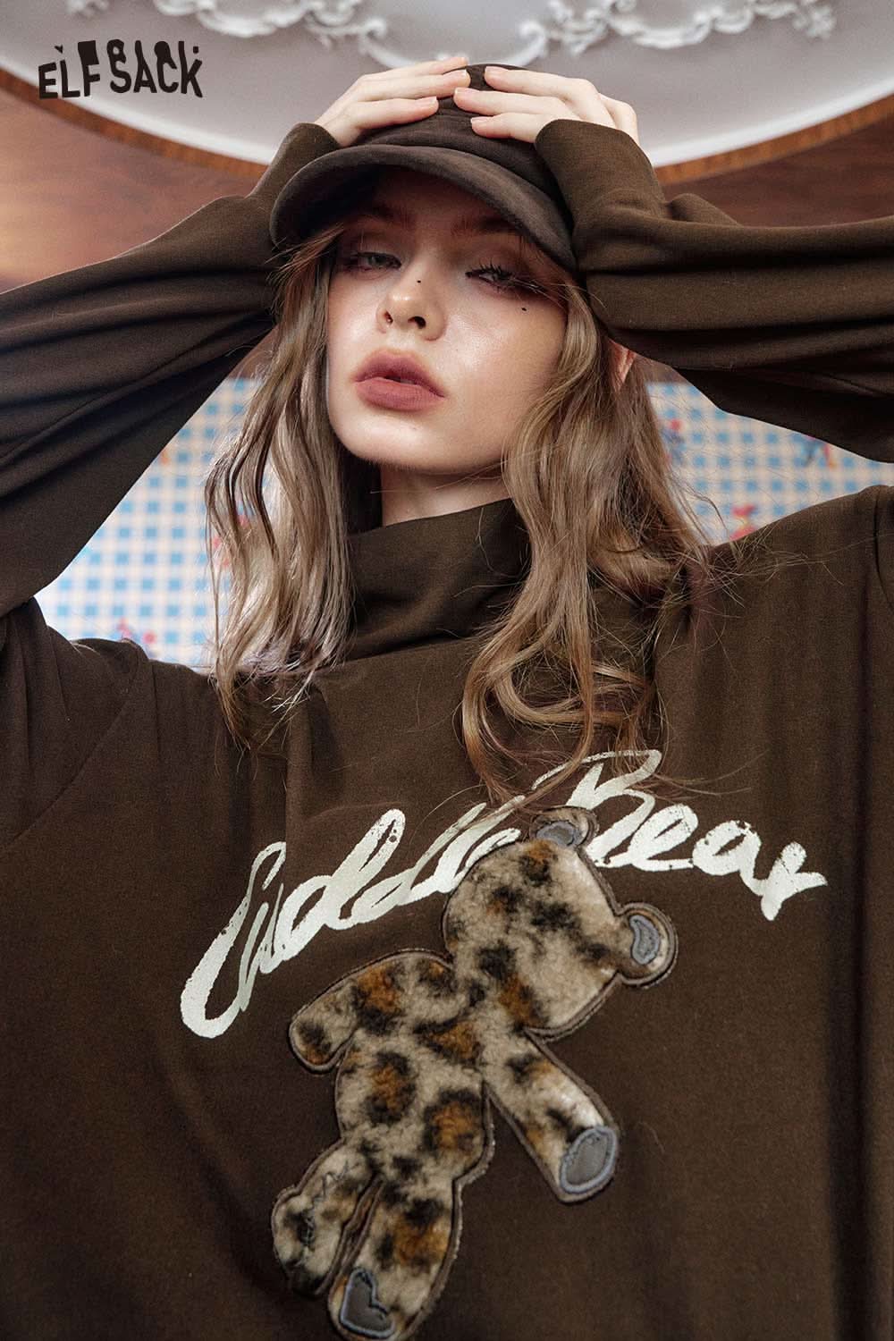 ELFSACK plush teddy bear embroidery top in brown with stylish design and cozy fit