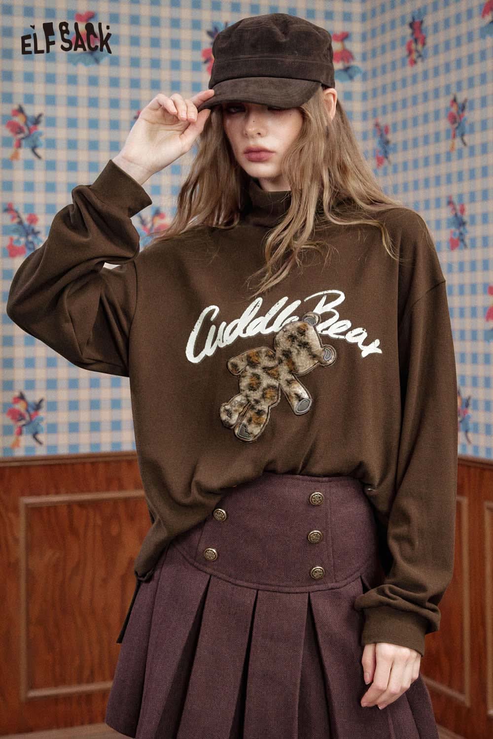 ELFSACK plush teddy bear embroidery top in brown with charming cuddly bear design