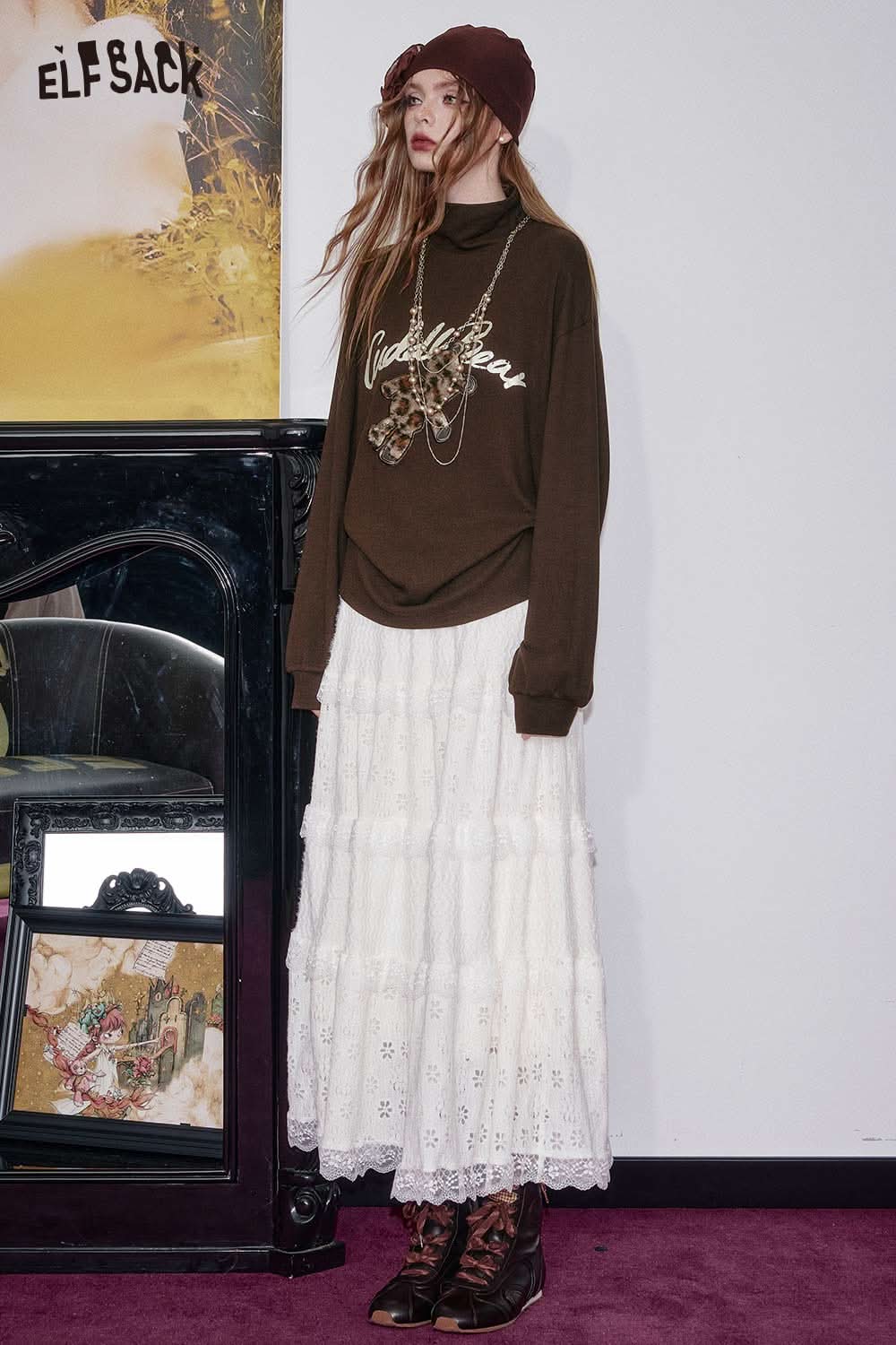 ELFSACK plush teddy bear embroidery top in brown, styled with a white tiered skirt and accessories