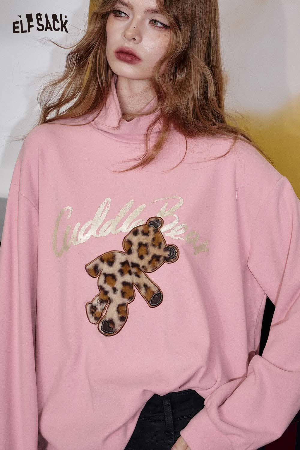 ELFSACK plush teddy bear embroidery top in pink featuring a stylish design and leopard print teddy bear