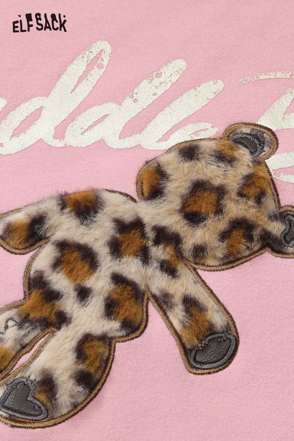 ELFSACK plush teddy bear embroidery top in pink featuring a leopard print design