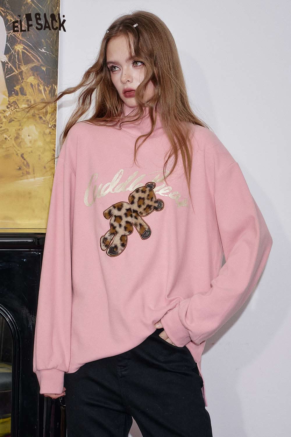 ELFSACK Pink T-shirt featuring plush teddy bear embroidery top with leopard print accents