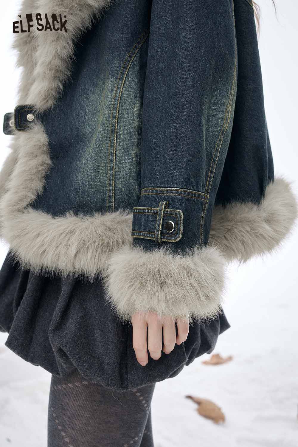 ELFSACK plush trim denim jacket for women with stylish fur detail and a soft, warm appearance