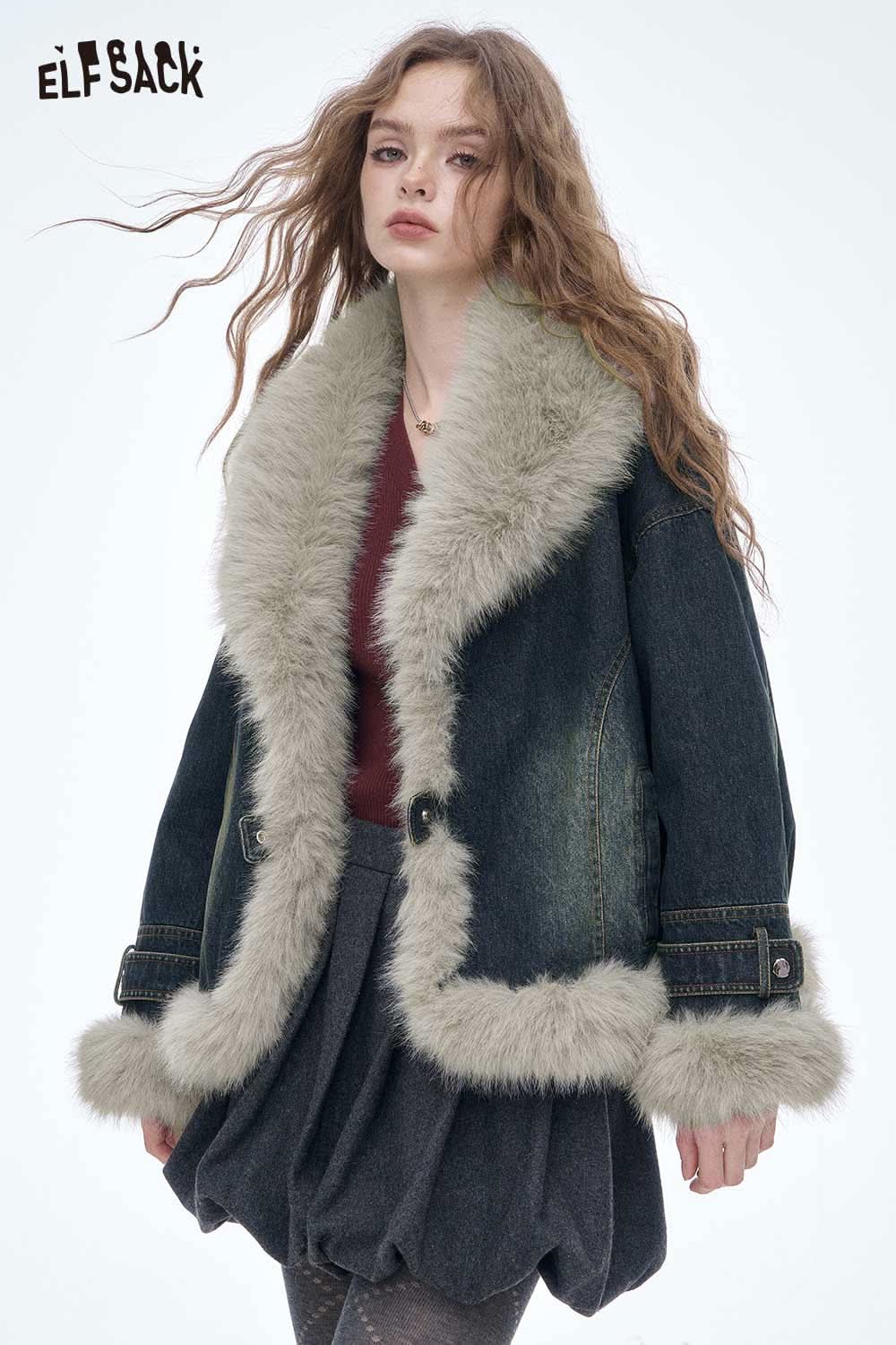 ELFSACK plush trim denim jacket for women with cozy fur collar and cuffs, perfect for stylish winter wear