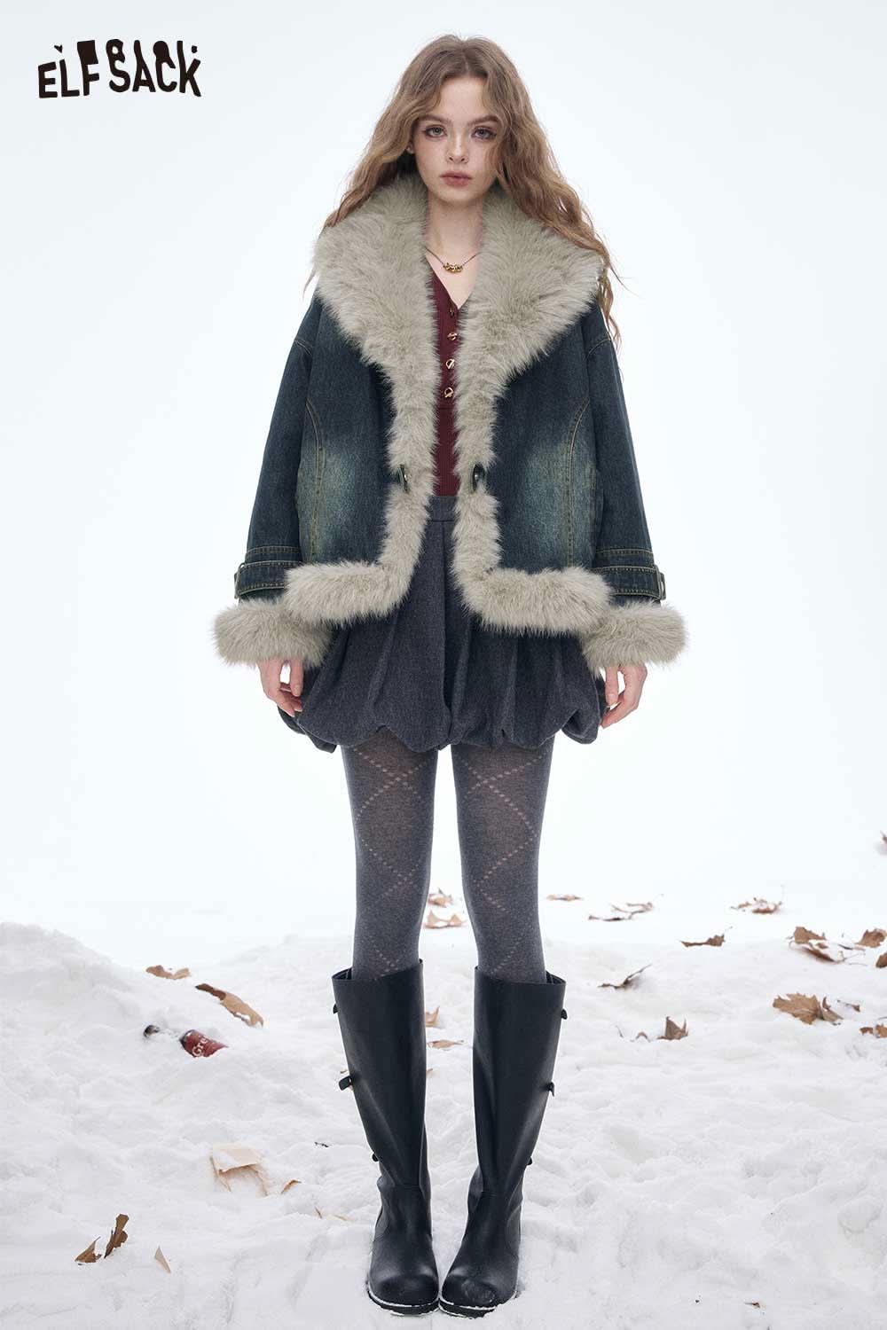 ELFSACK plush trim denim jacket for women featuring a fur collar and stylish design for winter fashion