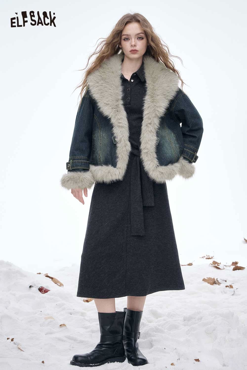 ELFSACK plush trim denim jacket for women styled with a chic black dress and winter boots