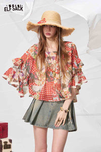 Polka Dot Floral Print Chiffon Blouse