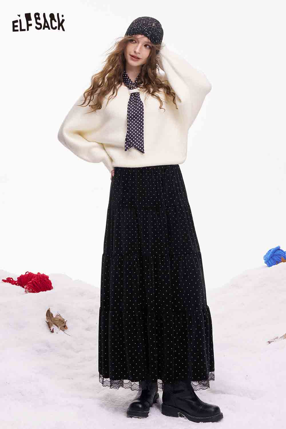 ELFSACK polka dot lace ruffle skirt styled with a cozy white sweater and a patterned headband