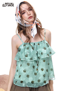 ELFSACK Polka Dot Ruffle Chiffon Cami Top
