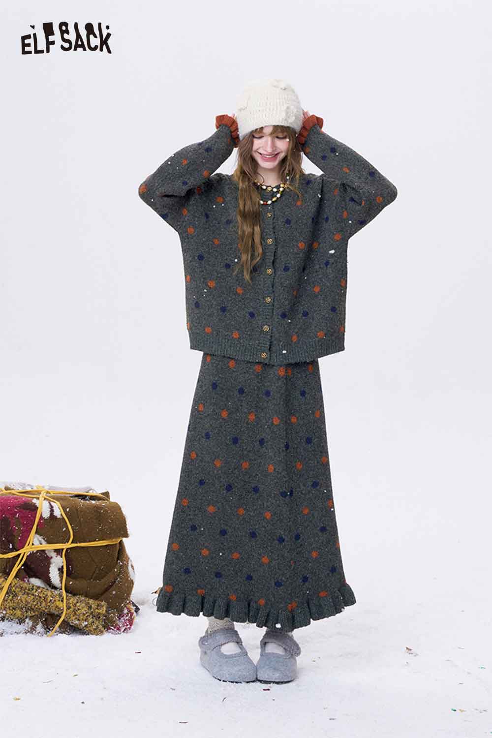 Stylish ELFSACK polka dot skirt set for women featuring a matching cardigan and skirt with playful patterns
