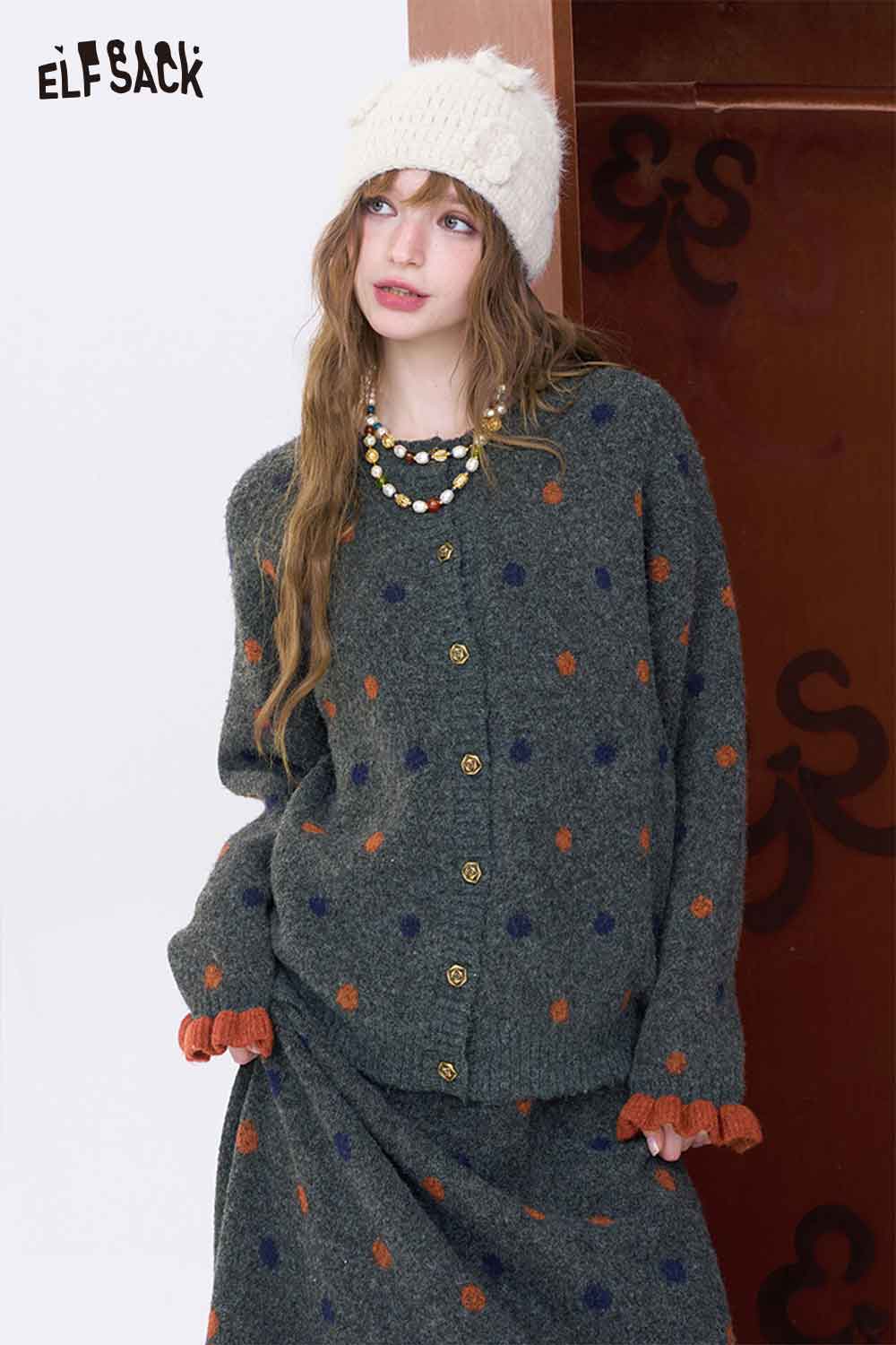 ELFSACK cozy polka dot skirt set for women with buttoned cardigan and matching skirt