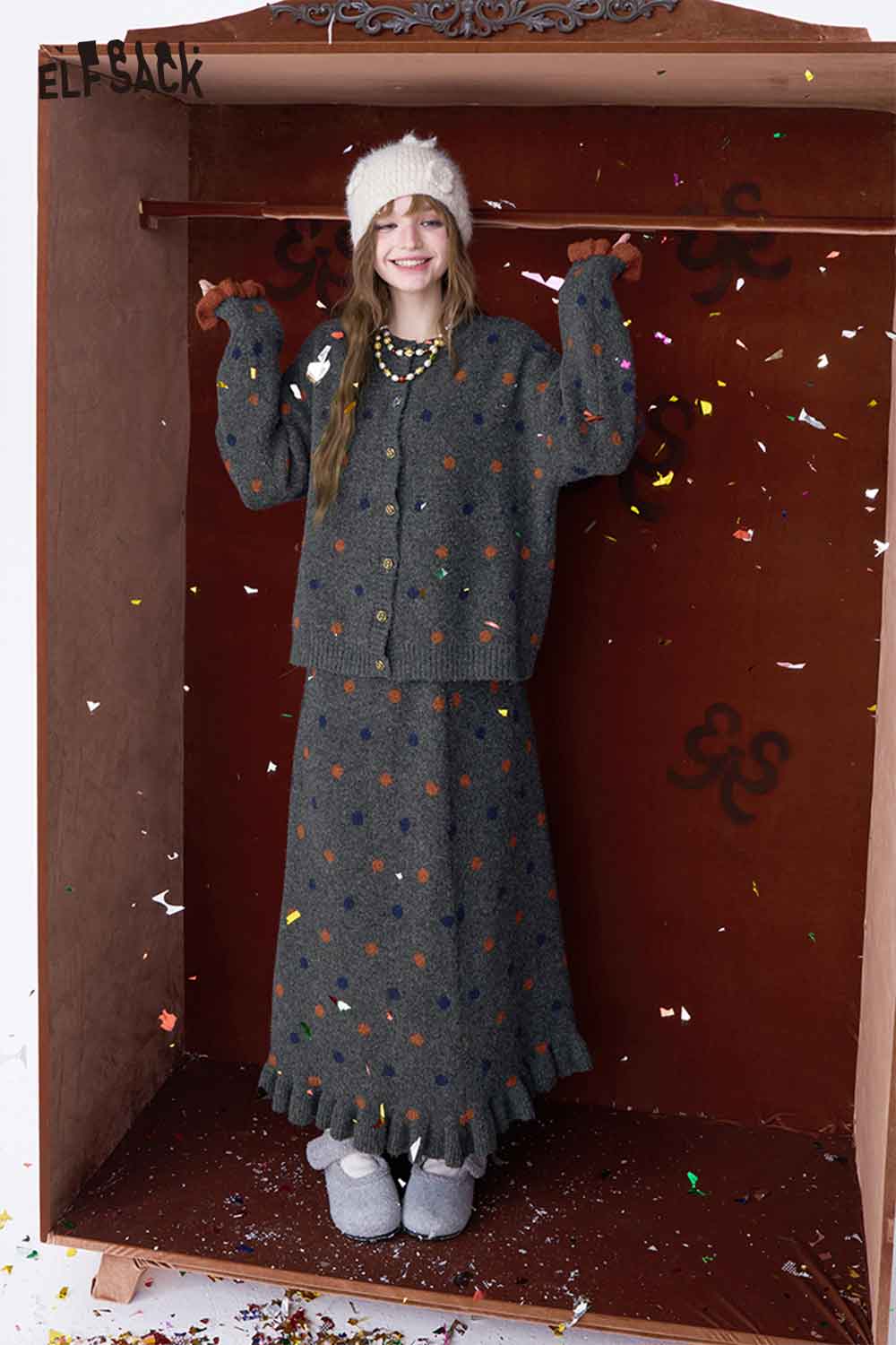 ELFSACK cozy polka dot skirt set for women featuring a matching cardigan and skirt with playful confetti details