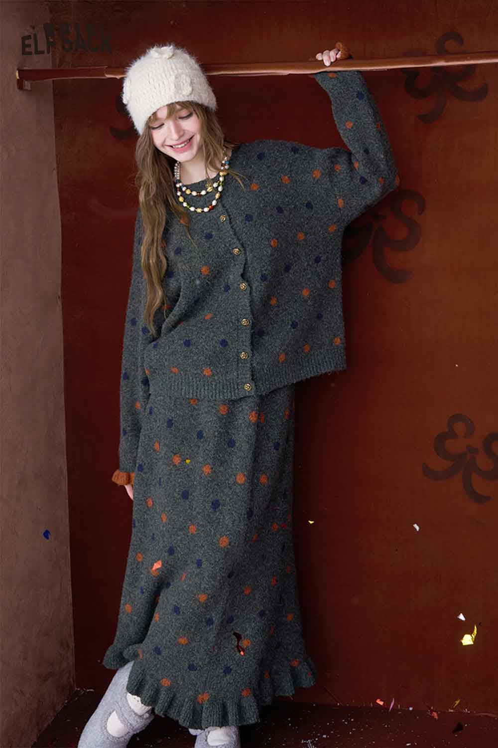 ELFSACK polka dot skirt set for women featuring a stylish sweater and long skirt in a cozy design