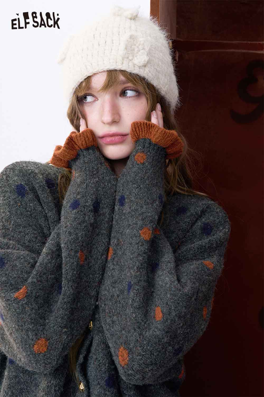 Stylish ELFSACK polka dot skirt set for women featuring cozy sweater and warm beanie