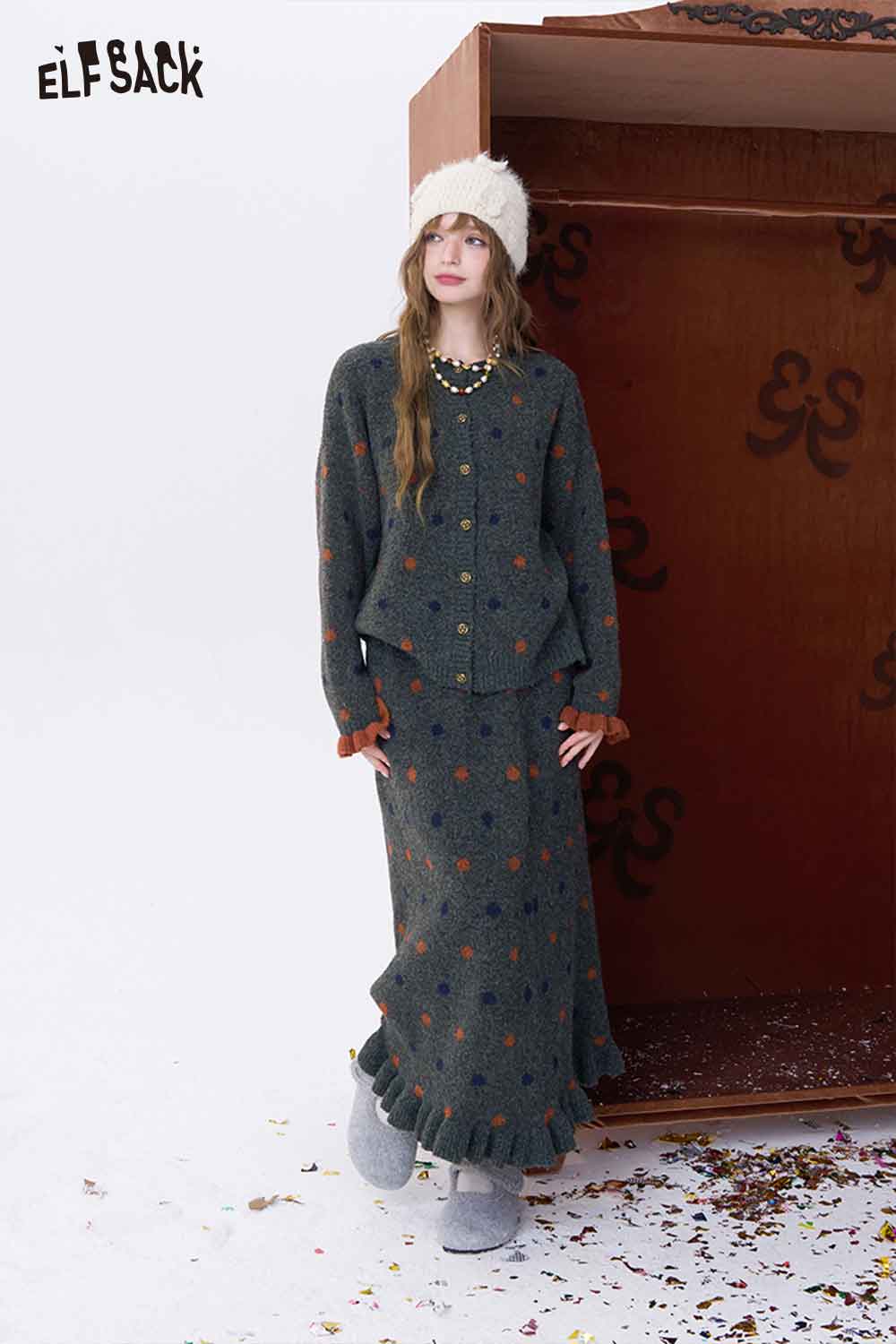 ELFSACK polka dot skirt set for women with matching cardigan and ruffled hem in dark gray