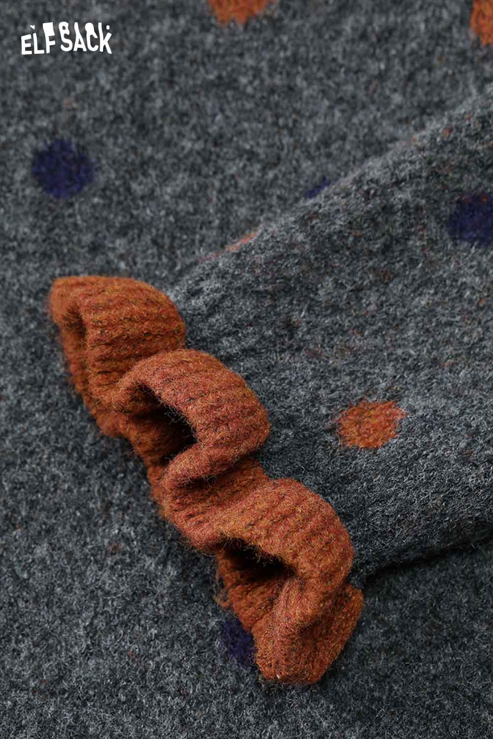 Close-up of the ELFSACK polka dot skirt set for women showing ruffled sleeve detail in gray fabric