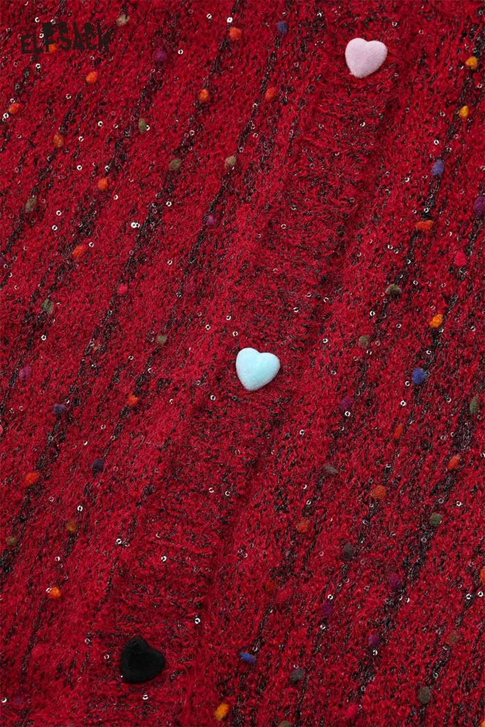 ELFSACK Red Polka Dot V Neck Cardigan with Colorful Heart Accents for a Fun, Stylish Look