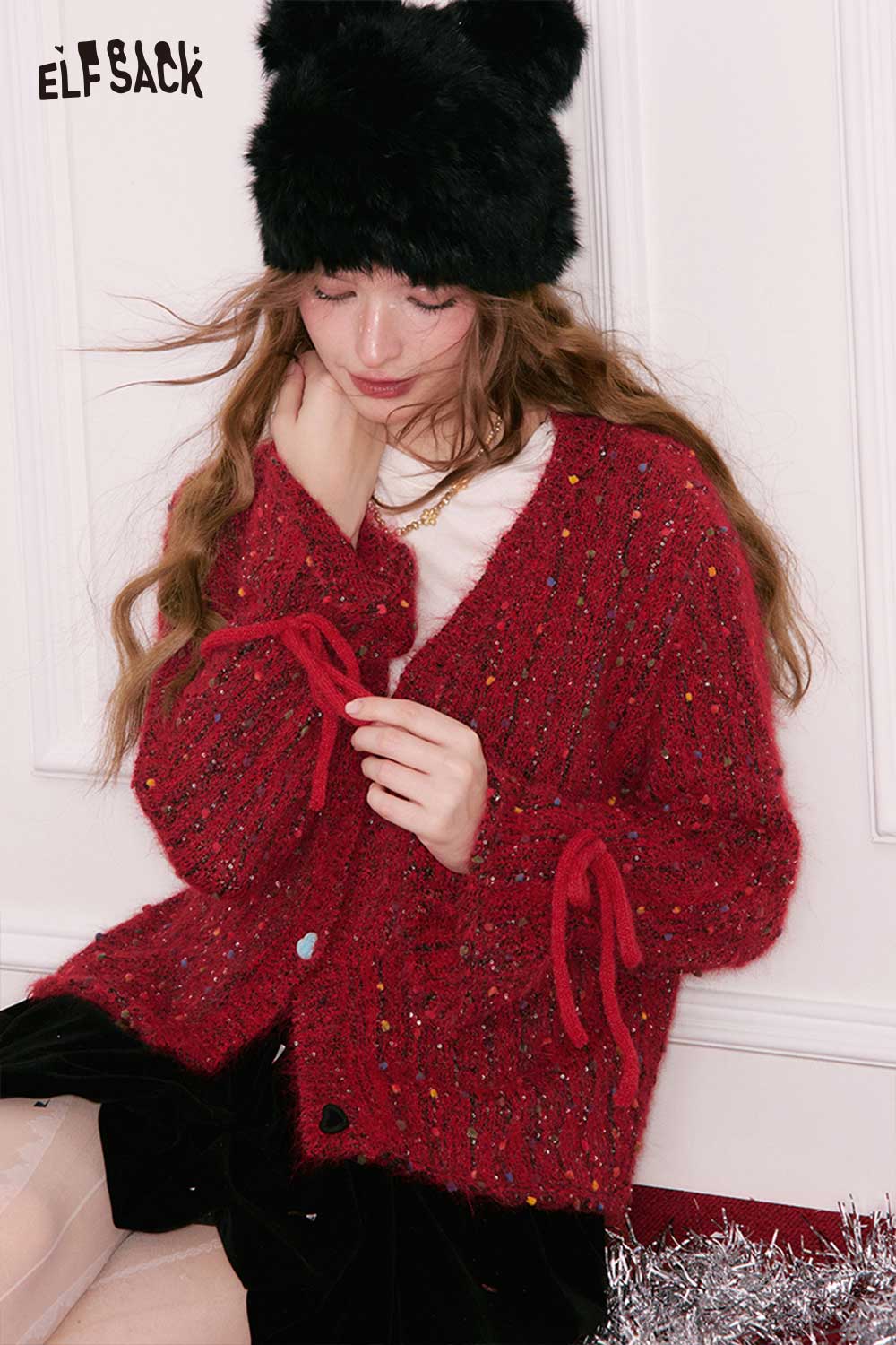ELFSACK red polka dot v neck cardigan featuring a cozy knitted design and playful ties