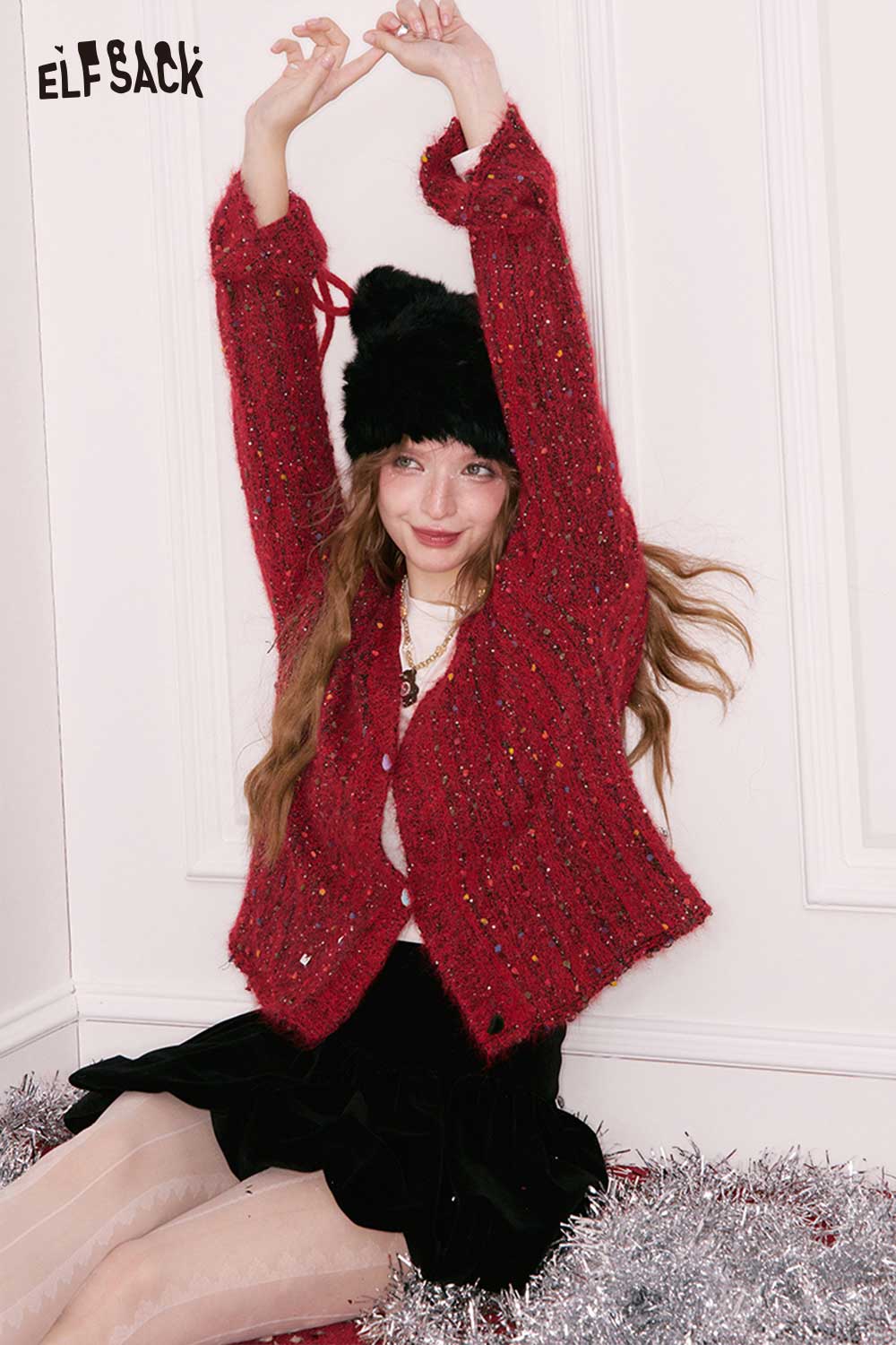 Cozy red ELFSACK polka dot v neck cardigan with textured knit design adding a fashionable layer