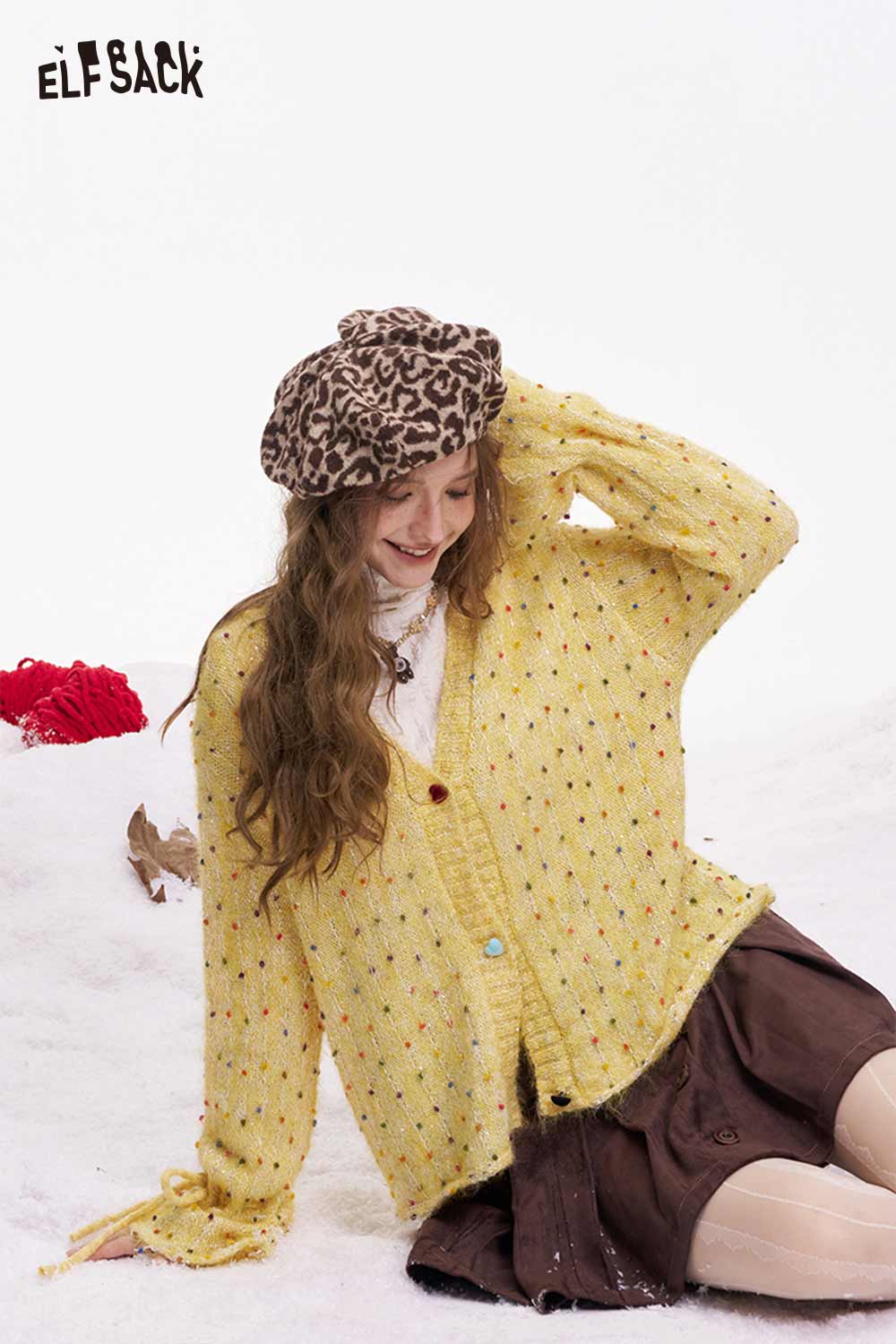 ELFSACK Polka Dot V Neck Cardigan in Yellow with Colorful Dots and Cozy Fit for Stylish Layering