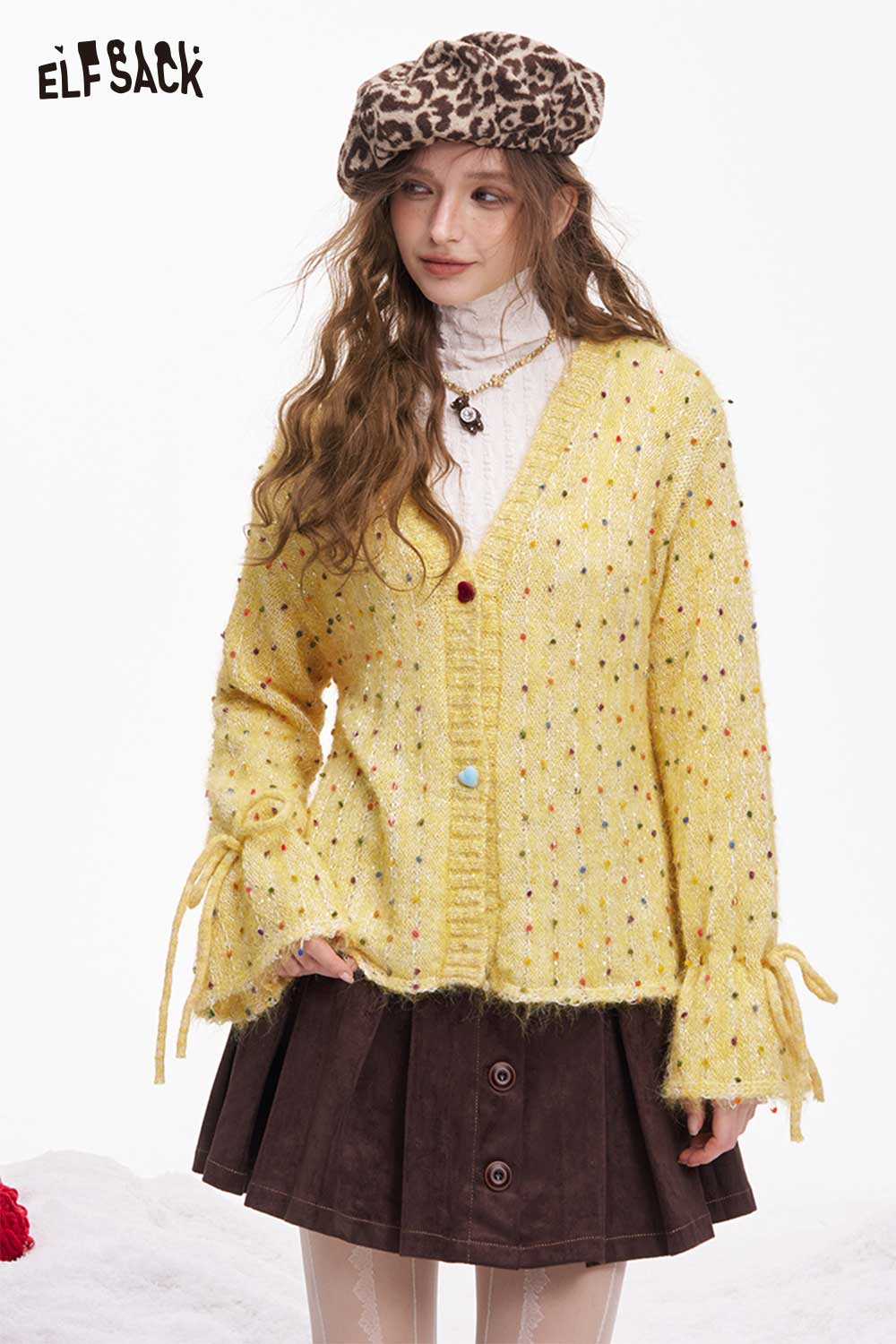 ELFSACK yellow polka dot v neck cardigan with bell sleeves and colorful buttons for a trendy look