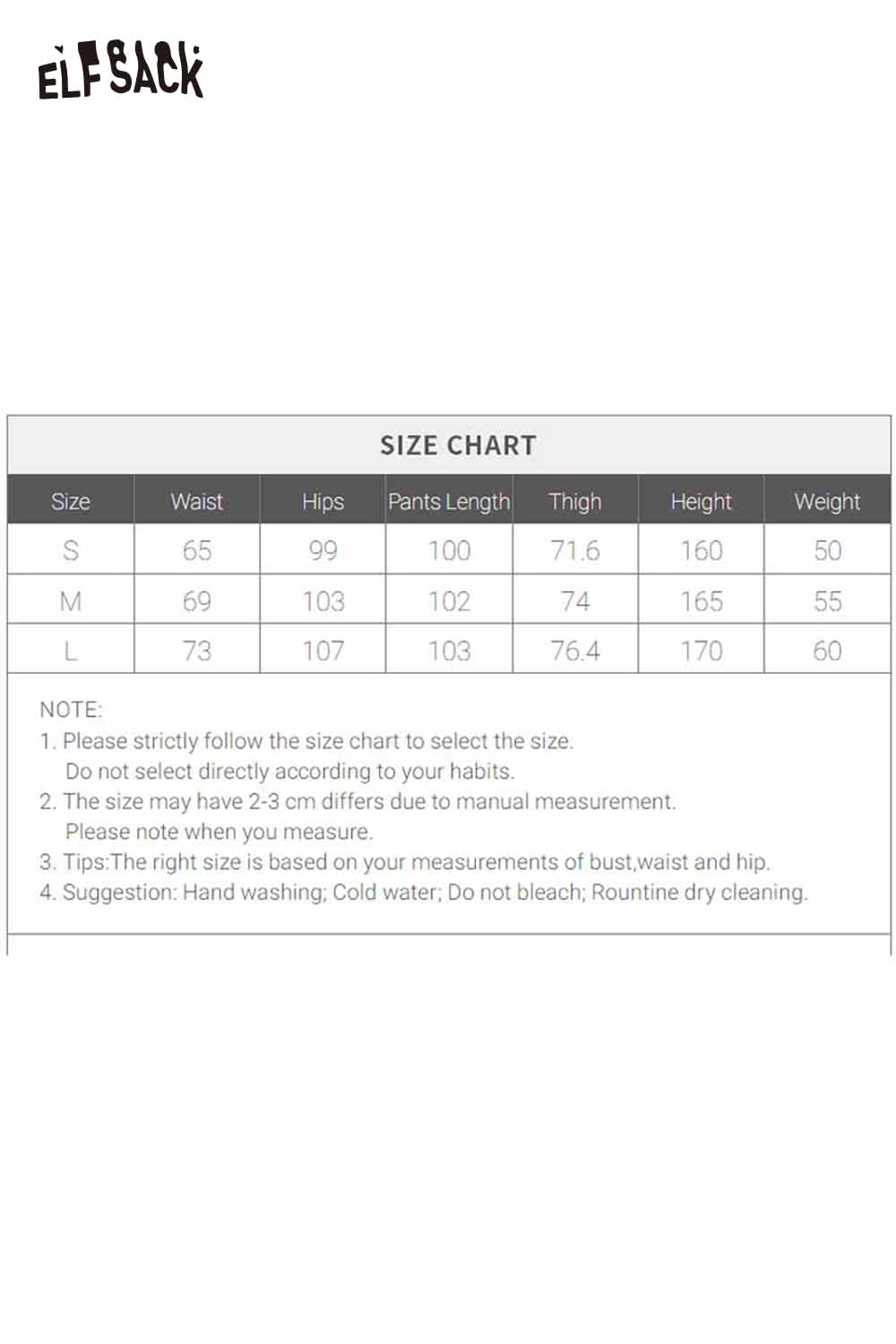 ELFSACK size chart for polyester crinkle sweatpants for women with measurements and care instructions