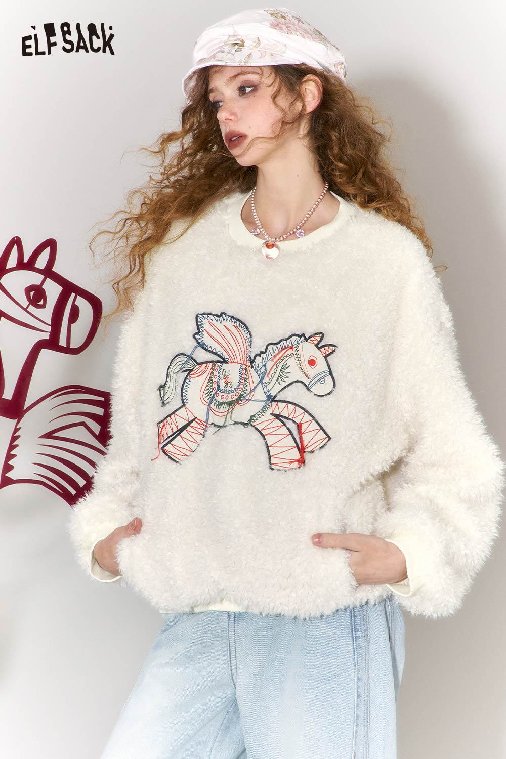 Cozy ELFSACK pony embroidered plush sweatshirt in cream with playful horse design for trendy wear