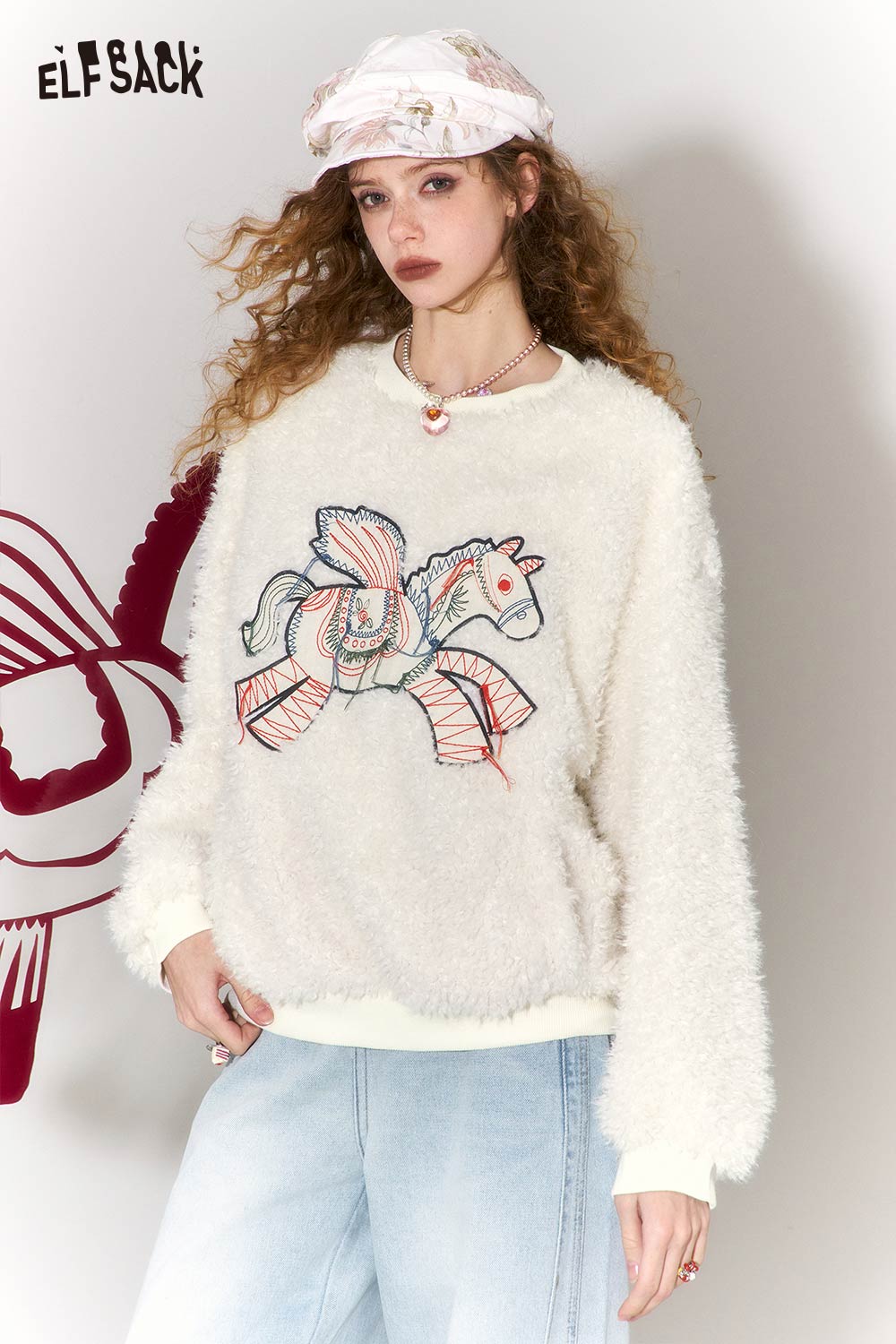 ELFSACK pony embroidered plush sweatshirt in cream with soft texture and playful design