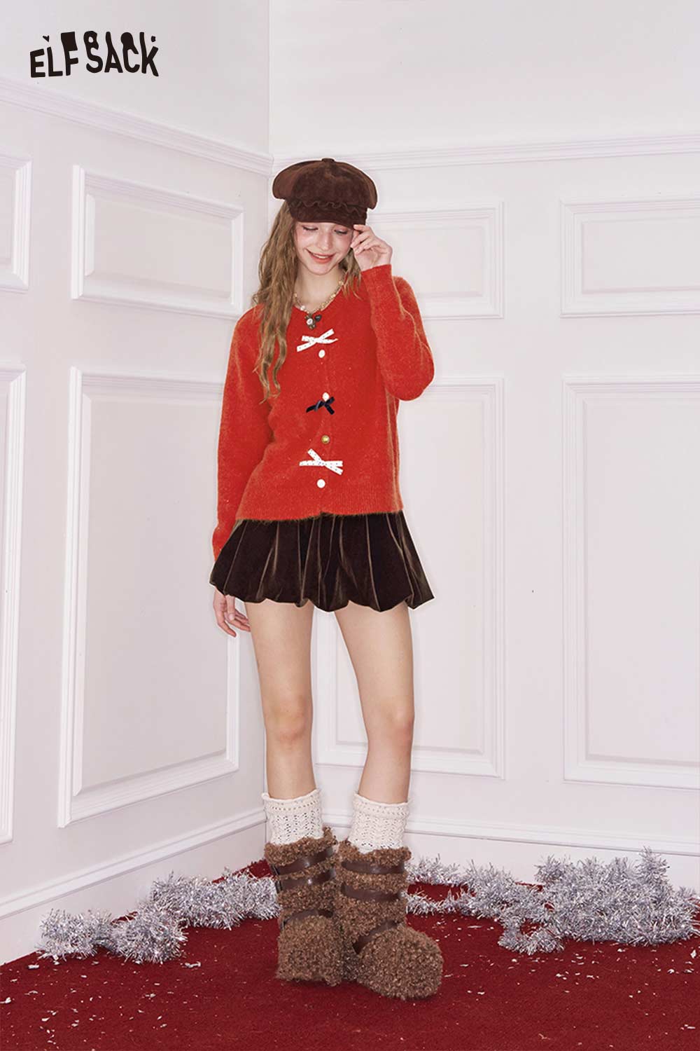 ELFSACK preppy 3D bow cardigan in red with cute bow details and cozy texture for stylish outfits