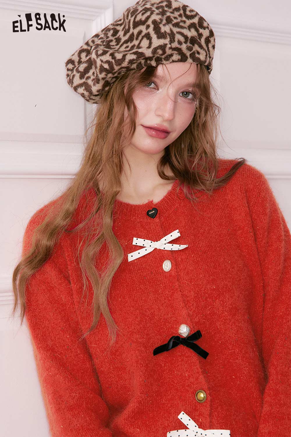 ELFSACK preppy 3D bow cardigan in vibrant red with decorative bows and stylish buttons