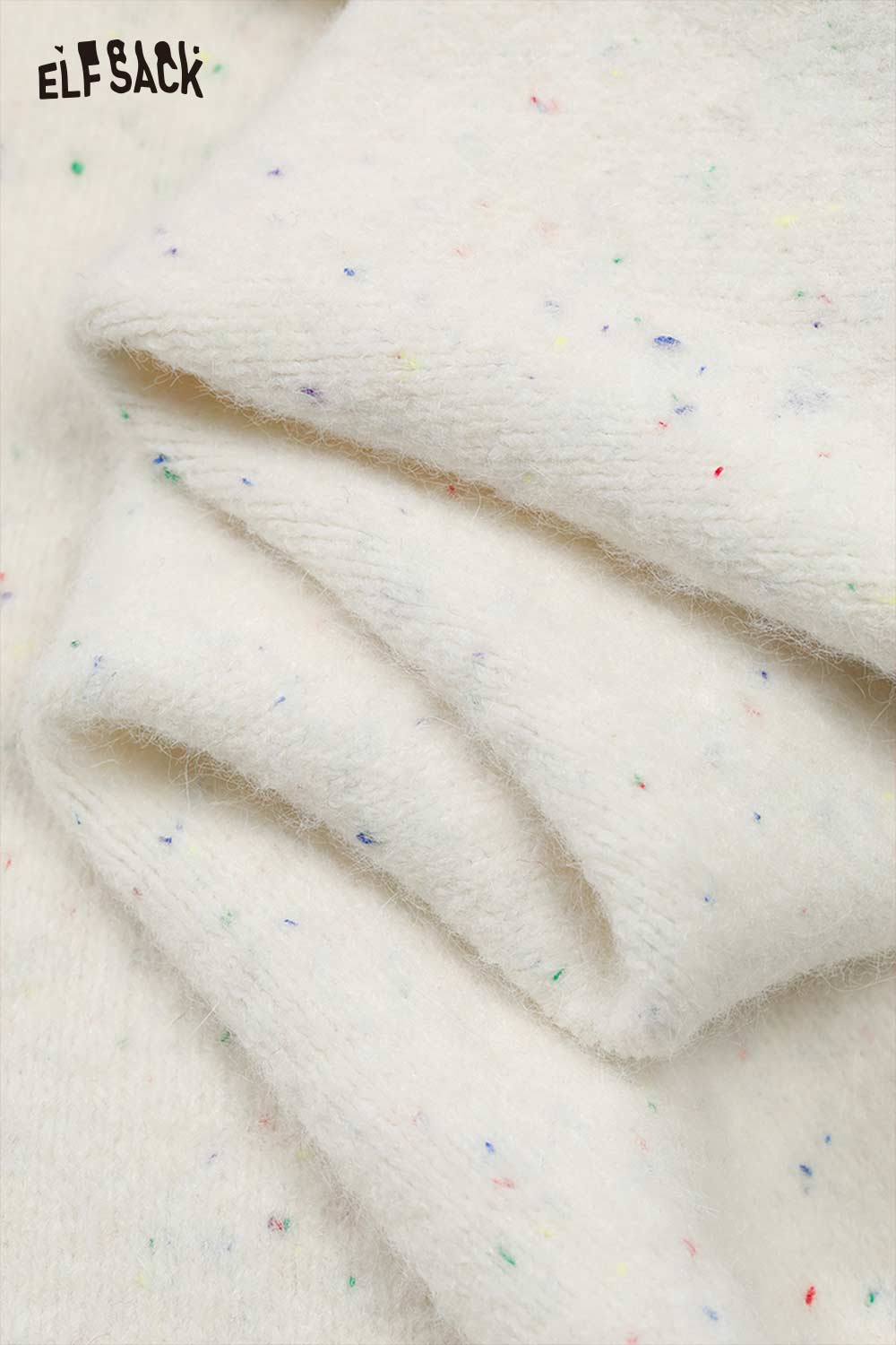 ELFSACK preppy 3D bow cardigan in soft white fabric with colorful speckles