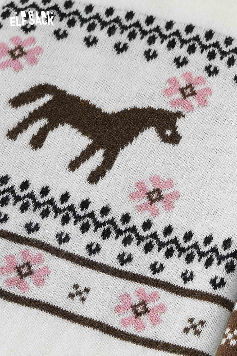 ELFSACK preppy animal graphic knitwear featuring a horse design and floral patterns in soft colors