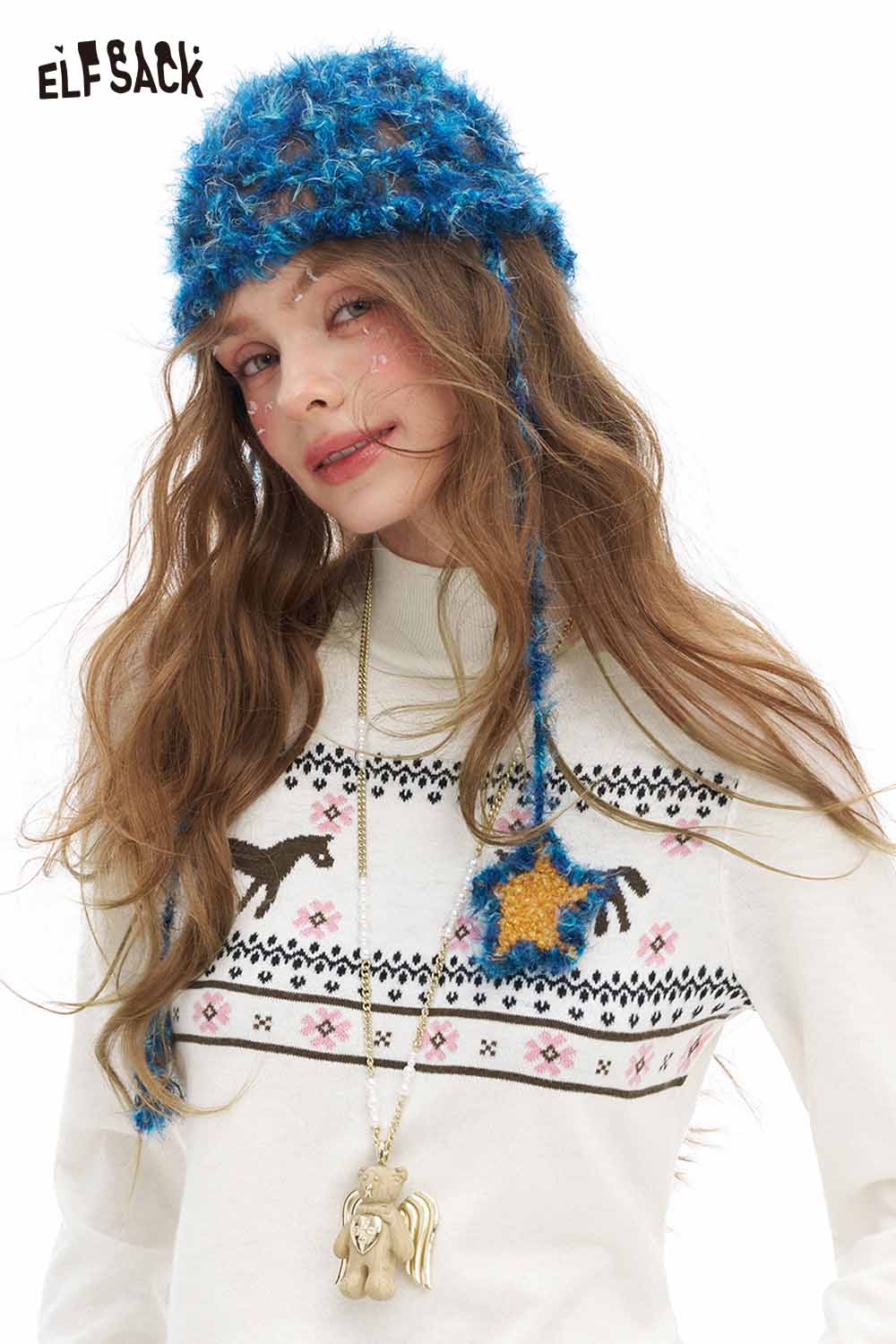 ELFSACK preppy animal graphic knitwear featuring a cozy sweater with whimsical designs and a trendy hat