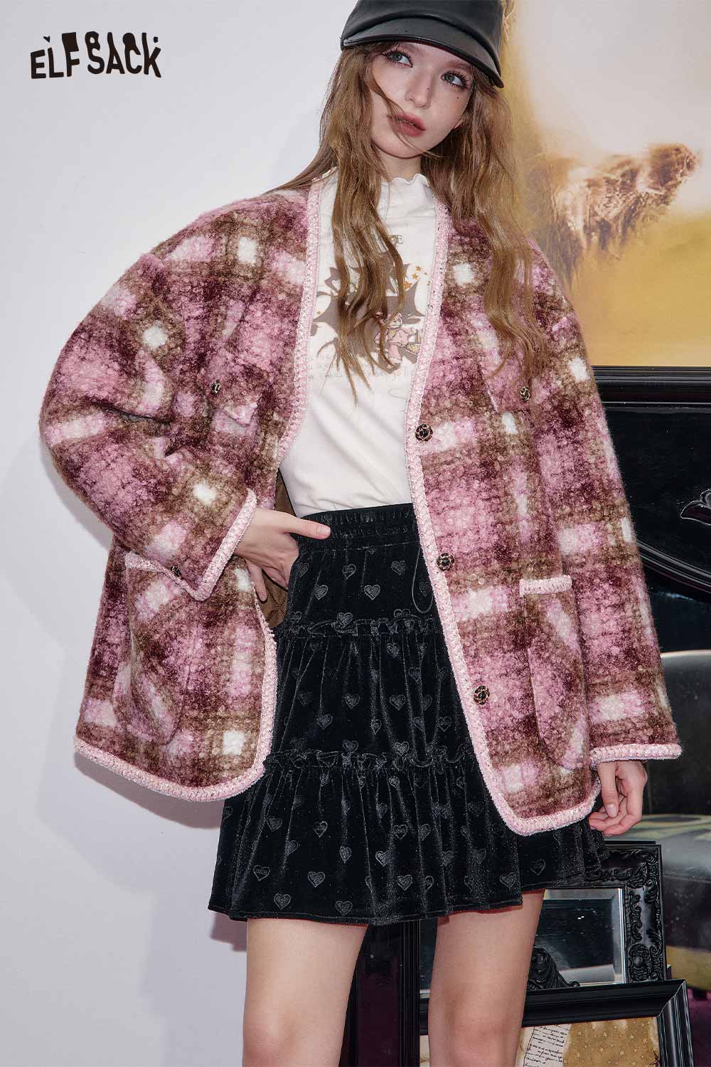ELFSACK preppy black velvet mini skirt styled with a cozy plaid oversized jacket