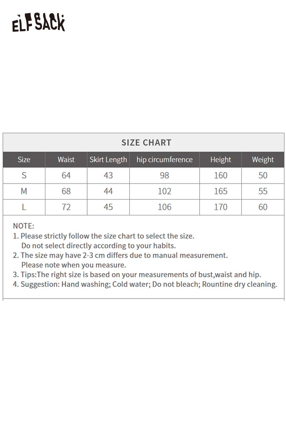 Size chart for ELFSACK preppy black velvet mini skirt including measurements for waist and length