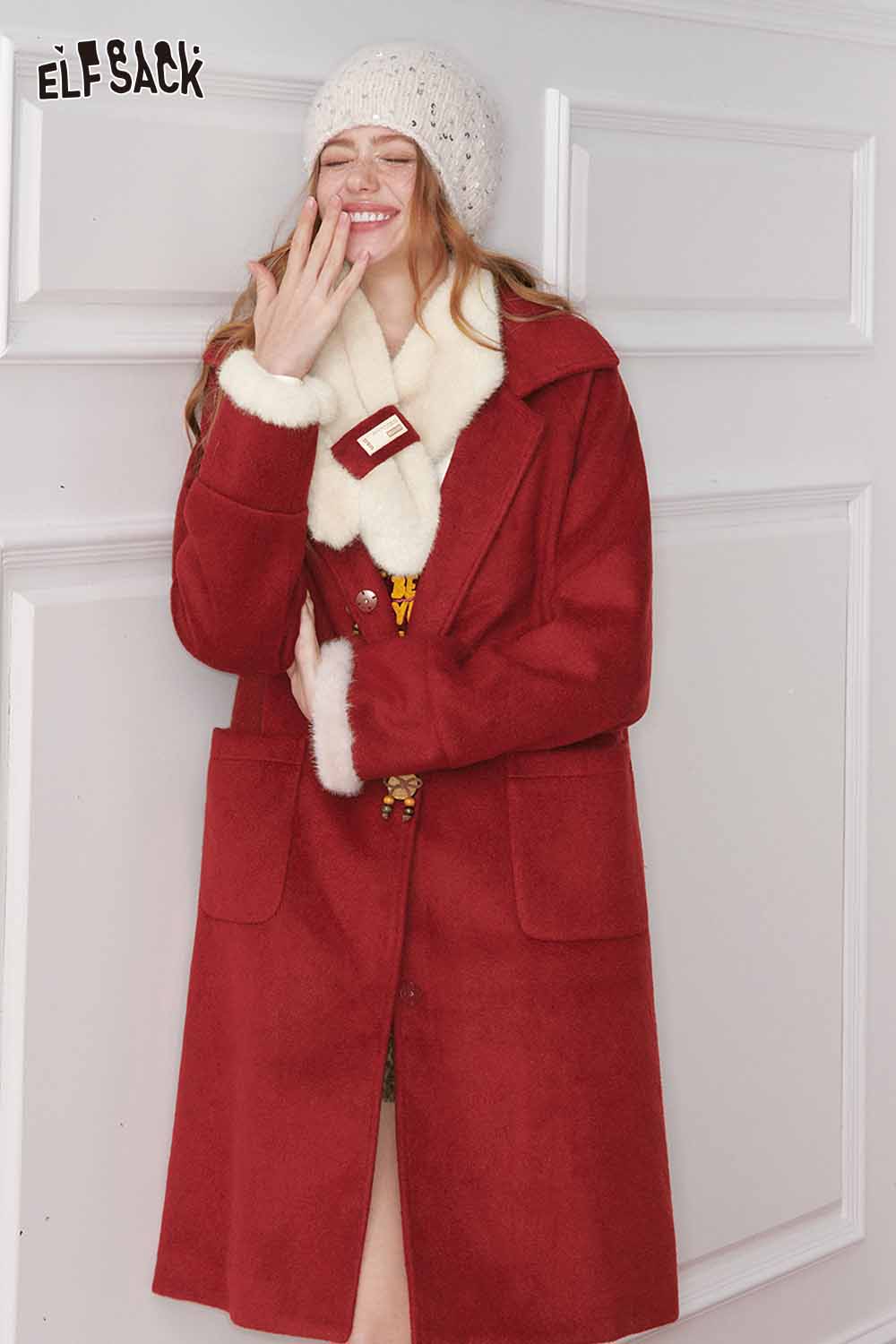 ELFSACK preppy bow plush coat for women in red with fur collar and pockets